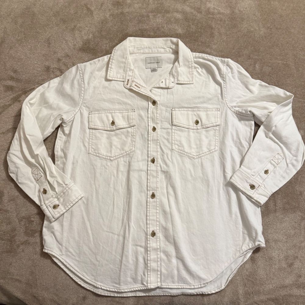 American Eagle White Denim Button Down Shirt Womens Small Cotton Workwear Top